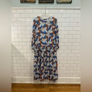 Zara Blue and Brown Leaf Print Long Sleeve Dress